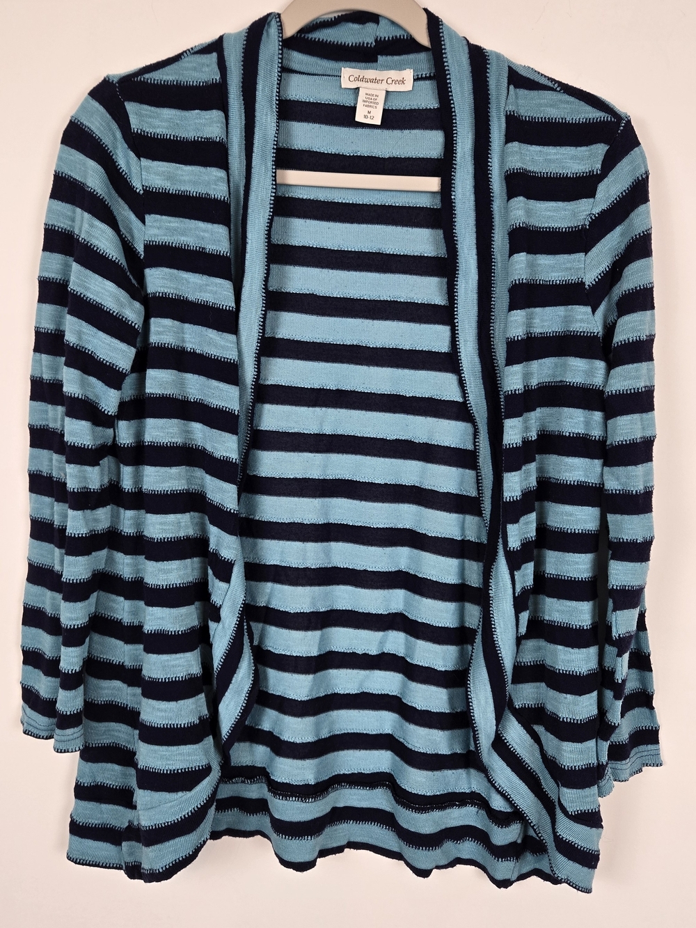 Coldwater Creek Turquoise & Navy Striped Open-Front Cardigan